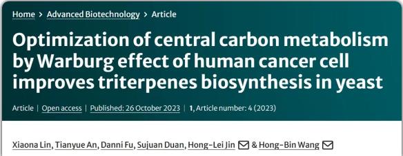 广州中医药大学王宏斌/靳红磊团队与合作者发现基于肿瘤细胞的“瓦博格效应”提升微生物三萜合成的新策略